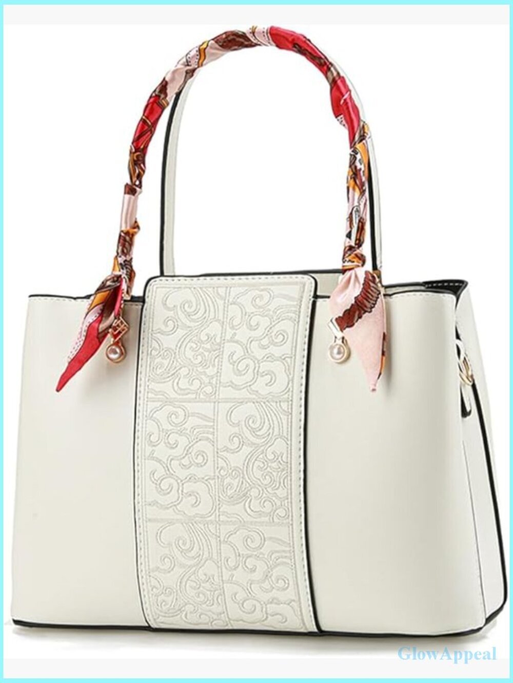 Large PU Leather Tote Shoulder Bag with Embroidery Spacious Multi-Pocket Design